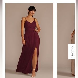 David’s Bridal, Spaghetti Strap Ruched Waist Mesh Bridesmaid Dress, Wine, 10